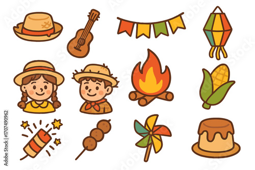 Festa Junina Brazil June festival icon set. Cute cartoon vector collection of traditional party symbols. São João celebration with bonfire, corn, lantern, food and music.