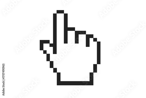 Pixel hand cursor icon set. Finger pointer pixelated. Computer interface symbol. Retro 8-bit graphic design element. Vintage digital symbol for click and selection. Web mouse arrow.