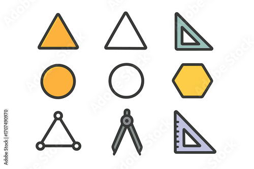 Set of geometric shapes icons with triangle, circle, polygon. Math education and drawing tools such as compass and ruler. Vector cartoon symbols for school and geometry.