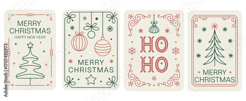 Art Deco Christmas Tree, Ho Ho Ho Text, and Baubles Outline Vector. Elegant Line Illustration for Holiday Invitations, Menus, Postcards, Prints, and Social Media Templates