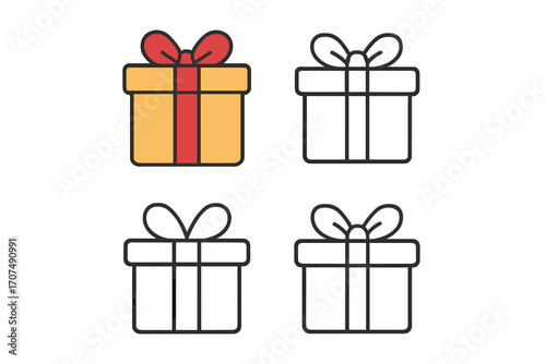 Gift box icon set vector collection. Present symbol for Christmas, birthday or holiday surprise. Flat cartoon and linear outline style giftbox illustration for celebration.