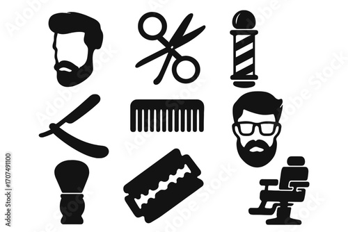 Barbershop icon set. Hipster hairstyle and beard grooming symbols. Male haircut and shave graphic elements collection. Vector silhouette illustration of barber tools and equipment.