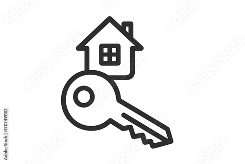 House key icon for real estate business. Home buying, selling, or renting concept. Property investment and mortgage symbol. Vector logo for new home ownership and security.