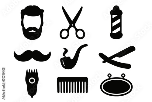 Barbershop icon set with hipster grooming elements. Vector silhouette collection includes beard, mustache, scissors, razor, clipper, comb, and barber pole for a vintage look.