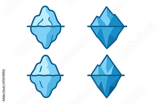 Iceberg icon set. Tip of the iceberg metaphor concept. Business symbol for hidden danger. Climate change & global warming sign. Arctic glacier cartoon & geometric vector.