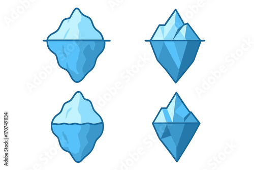 Iceberg icon set. Cartoon and geometric low poly style. Vector illustration of visible tip and hidden underwater part. Metaphor for business risk, hidden danger, psychology.