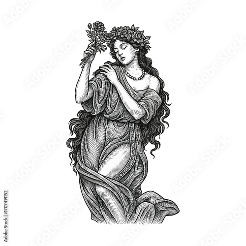 Spring goddess flora with flower crown vintage engraving vector illustration