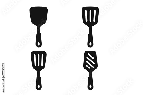 Spatula icon set. Kitchen utensil silhouette collection for cooking. Various turners and flippers for frying and grilling. Flat simple black vector graphic isolated on white.