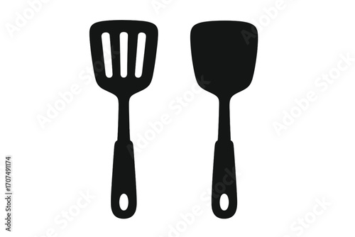 Spatula and turner black silhouette icon set. Vector of isolated kitchen utensils for cooking. Slotted and solid flipper for food preparation, frying, barbecue, and grilling.