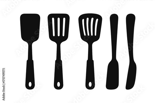 Kitchen spatula set silhouette icon. Vector illustration of cooking utensils. Cookware collection for frying, baking, grilling. Flat design kitchenware objects isolated on white.
