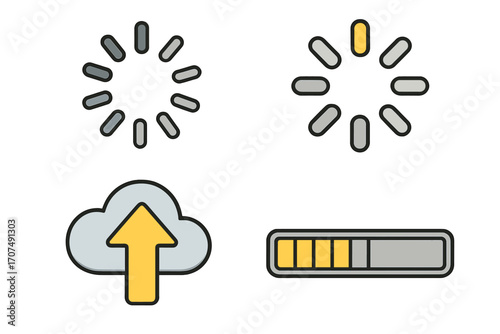 Vector loading icon set with upload cloud, progress bar, and circular spinner. Flat cartoon UI elements for web and app interface design. Buffering and preloader symbols.