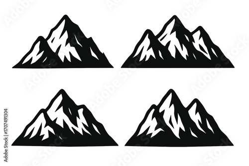 Mountain range silhouette icon set. Black vector graphic collection of rocky peaks. Nature landscape symbol for adventure, travel, or outdoor company logo design. Hill top.