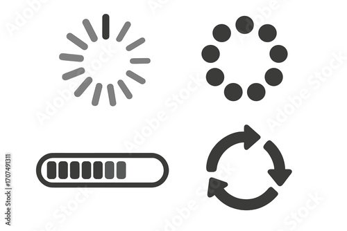 Loading icon set. Progress bar, preloader collection. Load, upload, download, refresh symbols. UI, UX elements for web design. Vector status indicator, spinner, buffering circle.