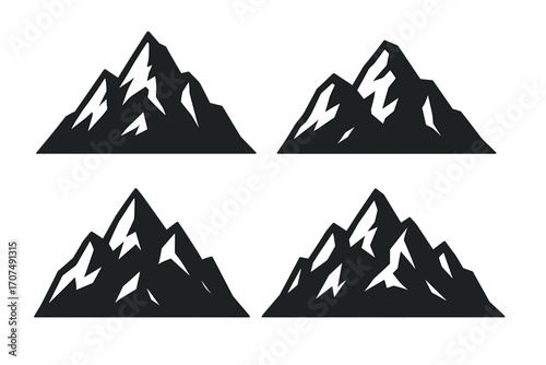 Set of mountain silhouettes. Black vector icons of rocky peaks. Nature landscape for logo design. Adventure, hiking, climbing symbol. Minimalist mountain range illustration.