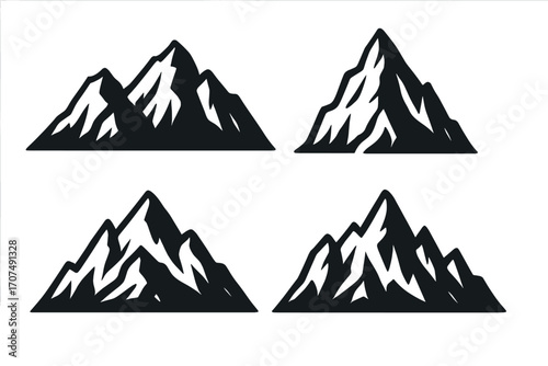 Mountain silhouette vector icon set. Collection of rocky mountain peaks for logo design. Adventure, travel, and nature landscape symbols. Black and white graphic illustration.