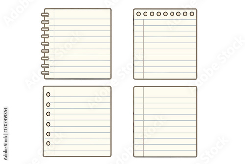Lined notebook paper vector icon set. Notepad and spiral block page templates. Blank sheet for notes, diary, or journal. Hole punched paper cartoon illustration.
