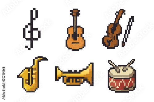 Pixel art music instrument icon set. 8-bit retro video game graphics. Vector collection of musical items like guitar, violin, saxophone, trumpet, drum, and clef note.