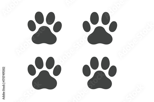 Paw print vector icon set. Animal track silhouette collection. Dog or cat footprint symbol for pet shop, veterinary clinic, or animal shelter. Simple flat design element.