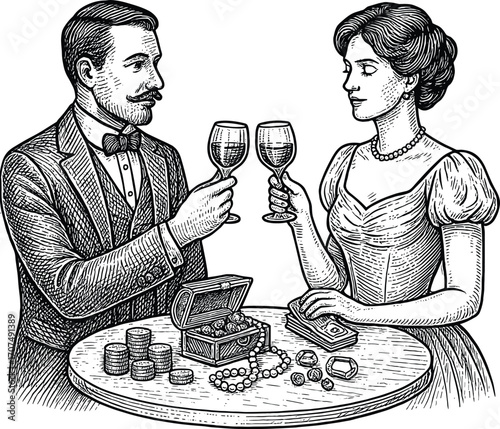 Victorian couple toasting with wine vintage engraving vector illustration