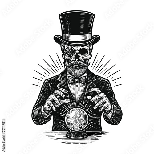 Victorian skull fortune teller with crystal ball engraving vector illustration