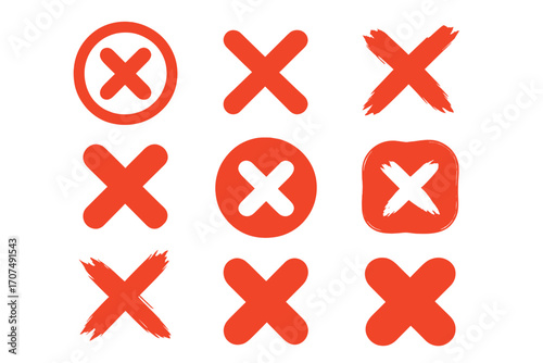 Red cross mark icon collection. Vector symbols for error, wrong answer, rejection, and cancellation. Hand-drawn brush stroke, grunge, and simple flat X signs for web and print.
