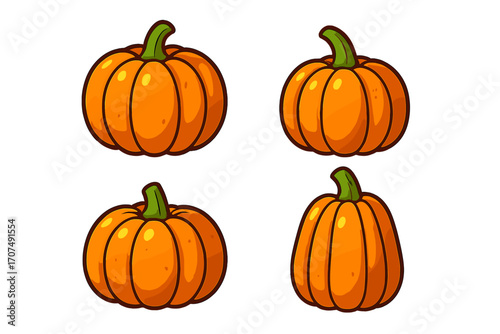 Set of cute cartoon pumpkins. Vector illustration for autumn and Halloween. Fall harvest festival gourd icon. Graphic design element for seasonal decoration. Orange squash.