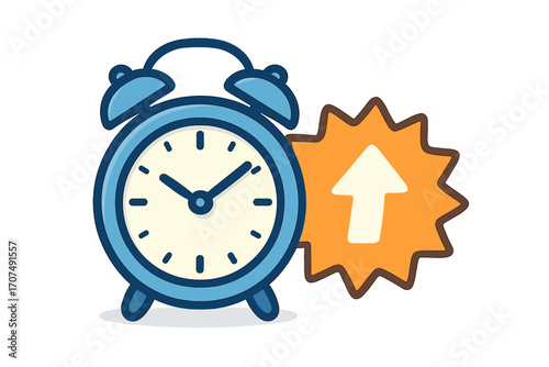 Time for growth and success. Clock with up arrow icon. Metaphor for promotion, deadline, productivity boost. Business progress symbol. Fast development vector illustration.