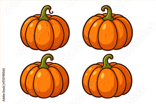 Set of cartoon pumpkin icons. Autumn fall decoration elements. Simple vector illustration for Halloween. Orange gourd vegetable graphic design collection isolated on white.