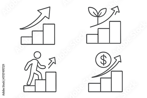 Growth icon set. Finance, career, personal development concepts. Bar chart with arrow up. Man climbing stairs. Money investment increase. Eco growth with plant sprout vector.