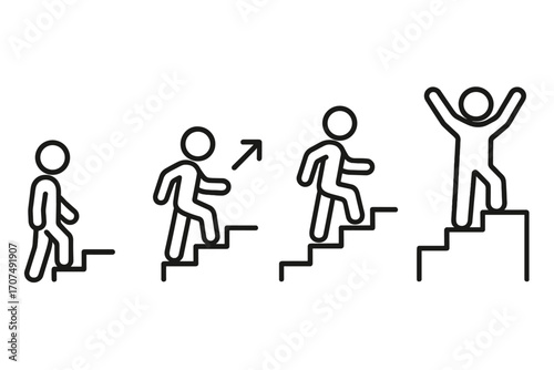 Progressive steps icon set, linear style vector illustration with transparent background, ordered sequence of person climbing stairs, success and growth concept, cartoon design