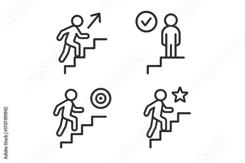Steps icon set in linear style, vector cartoon illustration of person climbing stairs, upward movement, goal achievement, success, progress, checklist, target, star achievement, clear background