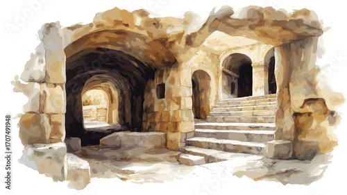 Hal Saflieni Hypogeum. Hal Saflieni Hypogeum watercolor vector illustration
