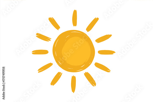 Bright yellow sun icon in brush stroke style, summer symbol, cheerful vector cartoon illustration with transparent background, sunny weather graphic, warm daylight design