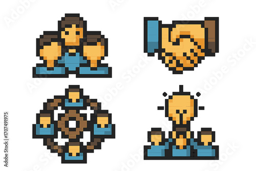 Pixel style teamwork icon set, vector cartoon illustration of collaborative group, handshake, and network connection, transparent background, pixel art teamwork concept, unity and cooperation symbol