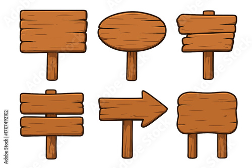 Collection of cartoon wooden signboards in various shapes and styles, rustic wooden signs vector set with blank planks, directional arrow and signposts for messages and decoration