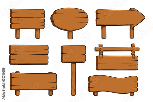 Collection of cartoon wooden signboards and signs set, rustic wood plank signs, arrow pointers, blank hanging signs, natural wooden boards for directions and messages