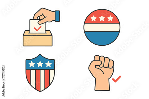 USA election vector icon set. Hand voting at ballot box, patriotic shield and badge, raised fist. American political campaign sticker collection for democracy and freedom.
