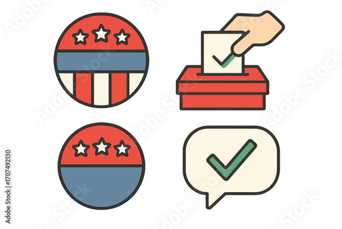 USA election vector icon set. Voting in United States. Ballot box, vote, check mark and patriotic american symbols. Political campaign and democracy concept. Flat illustration.