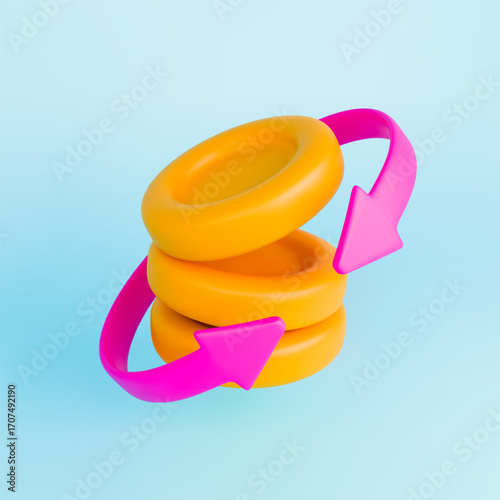 Cashback coins 3d. Realistic gold coin stack with pink arrows around. Cashback, refund and return concept. Sign of refund and digital payment with money back. Vector illustration on blue background