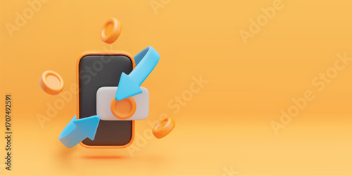 3d cashback arrow transaction concept. Realistic mobile phone with credit card, flying gold coins around and blue arrow. Online banking, payment or loan service. Vector banner with yellow background