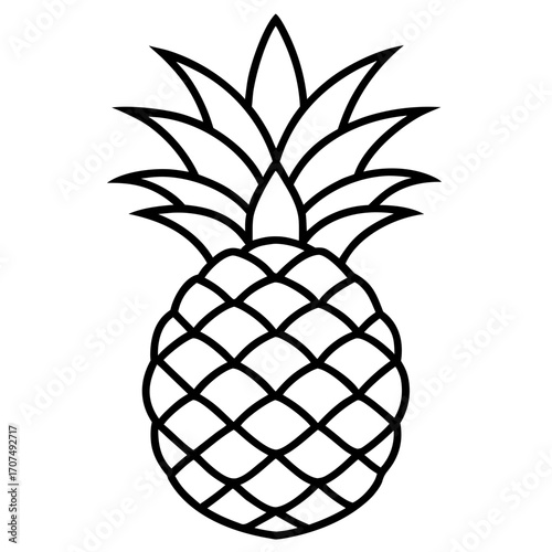 A simple black outline silhouette of a pineapple fruit with spiky leaves isolated on white background