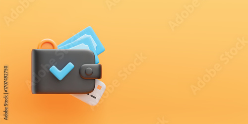 Wallet with money 3D banner. Realistic black wallet with banknotes, coins, credit or debit card. Money saving concept flyer. Online payment service. Vector illustration on yellow background
