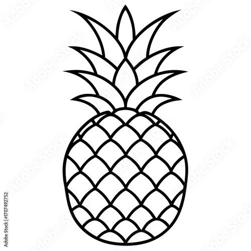 Simple black line art silhouette of a pineapple fruit with spiky leaves isolated on white background