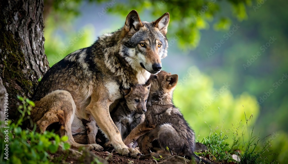 Fototapeta premium Wolves and pups in a forest