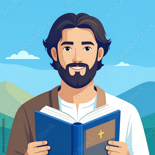 Wallpaper Mural A man with a beard and dark hair, smiling, holds an open book with a cross on the cover.  Blue sky, mountains in the background Torontodigital.ca