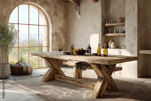Rustic farmhouse dining table bathed in natural light from a grand arched window, evoking serene country living and organic textures.
