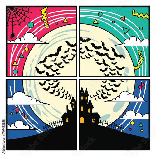 A four-panel Halloween illustration featuring a haunted house, bats flying across a full moon, and retro-style graphic elements.