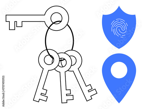 Cluster of keys on a ring alongside a fingerprint shield and location pin. Ideal for themes thumbs up security, access, protection, authentication, technology, safety, and navigation. A simple flat