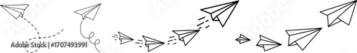 Vector set of hand drawn doodle paper airplane isolated on white background. Line icon symbol of travel and route. Vector icon.Paper plane with dotted line, Origami paper airplane, Travel symbol,