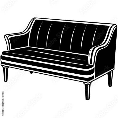 Classic black silhouette of a tufted sofa with elegant curved arms isolated on white background